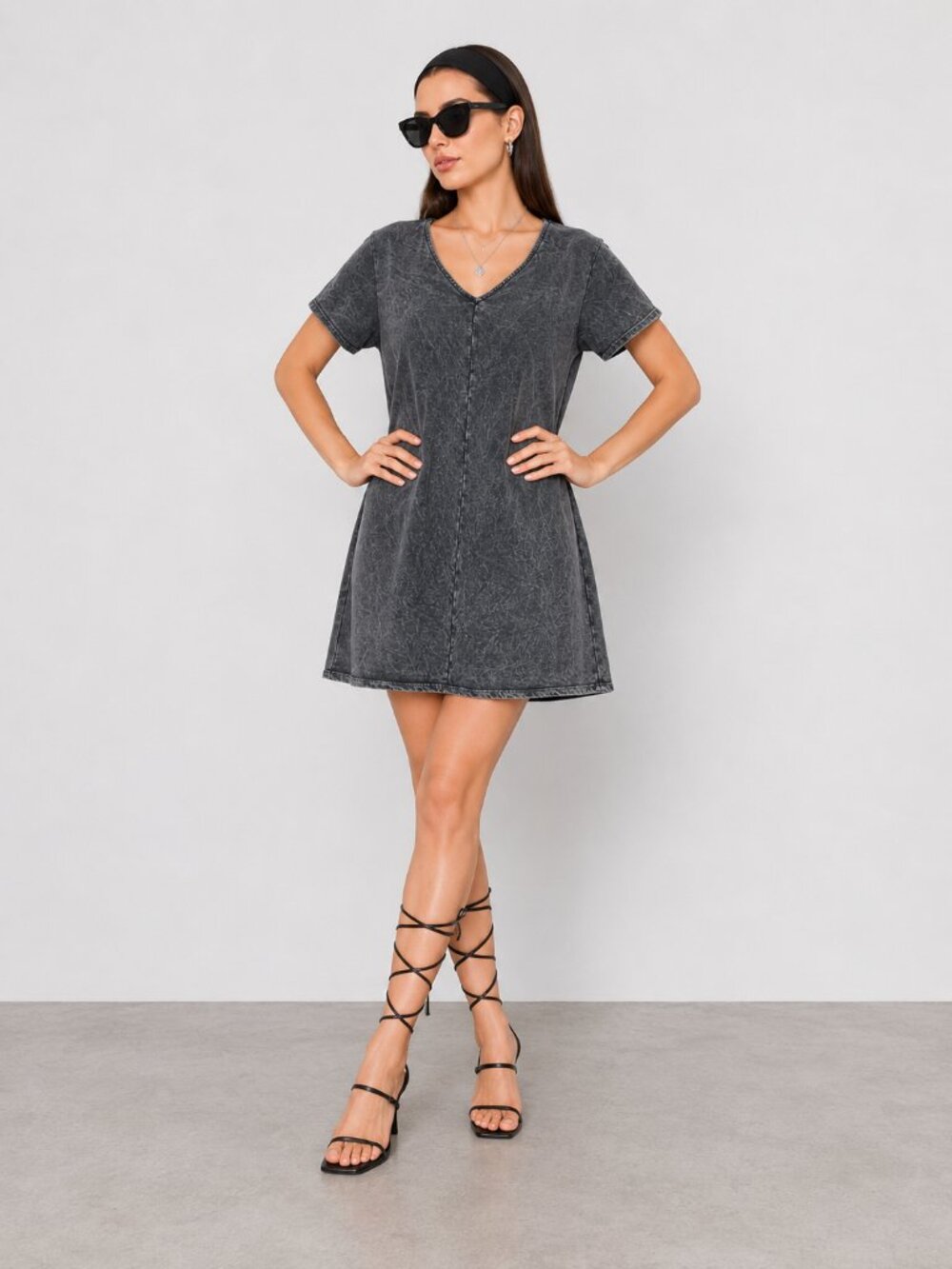 Washed Black V Neck Cotton Mini Dress Loose Fit NWT